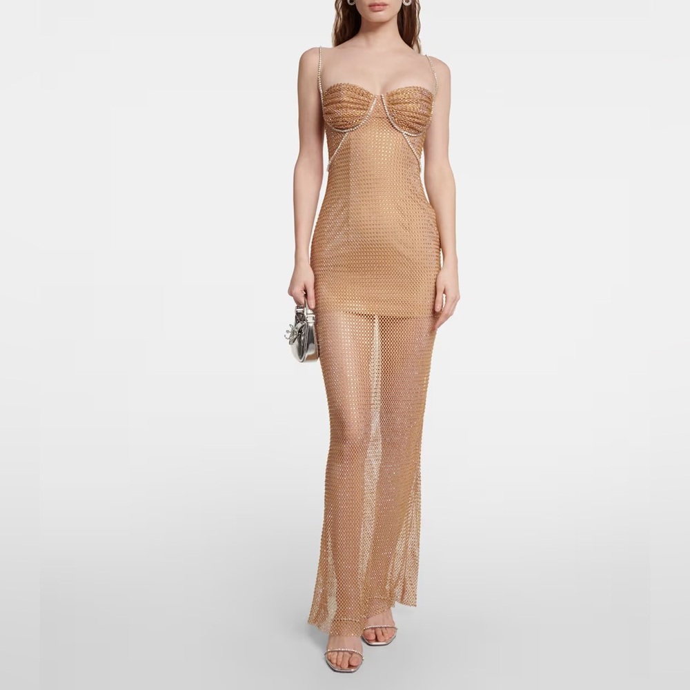 SELF PORTRAIT - Embellished Fishnet Maxi Dress - Size 4